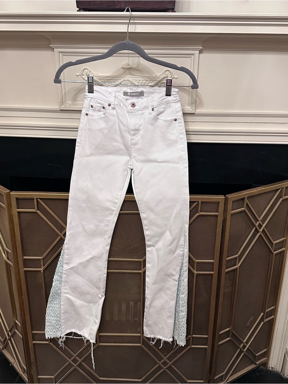 Tractr - indigo white, Needle Punch Insert Fray Hem Flare jeans, girls size 8